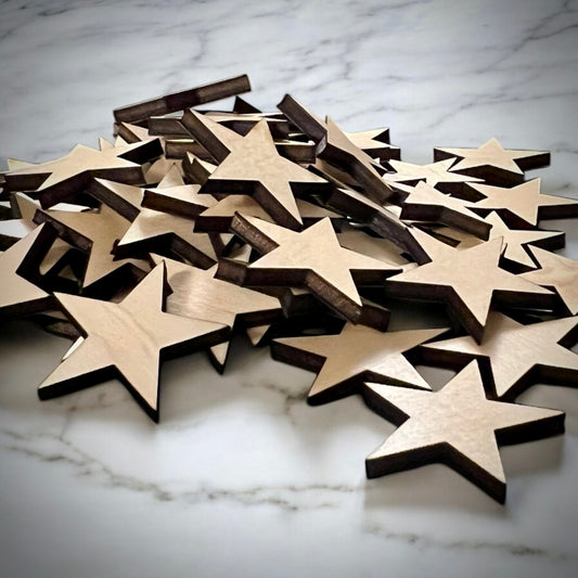 PREMIUM 0.75" Finished wood stars with peel and stick backing