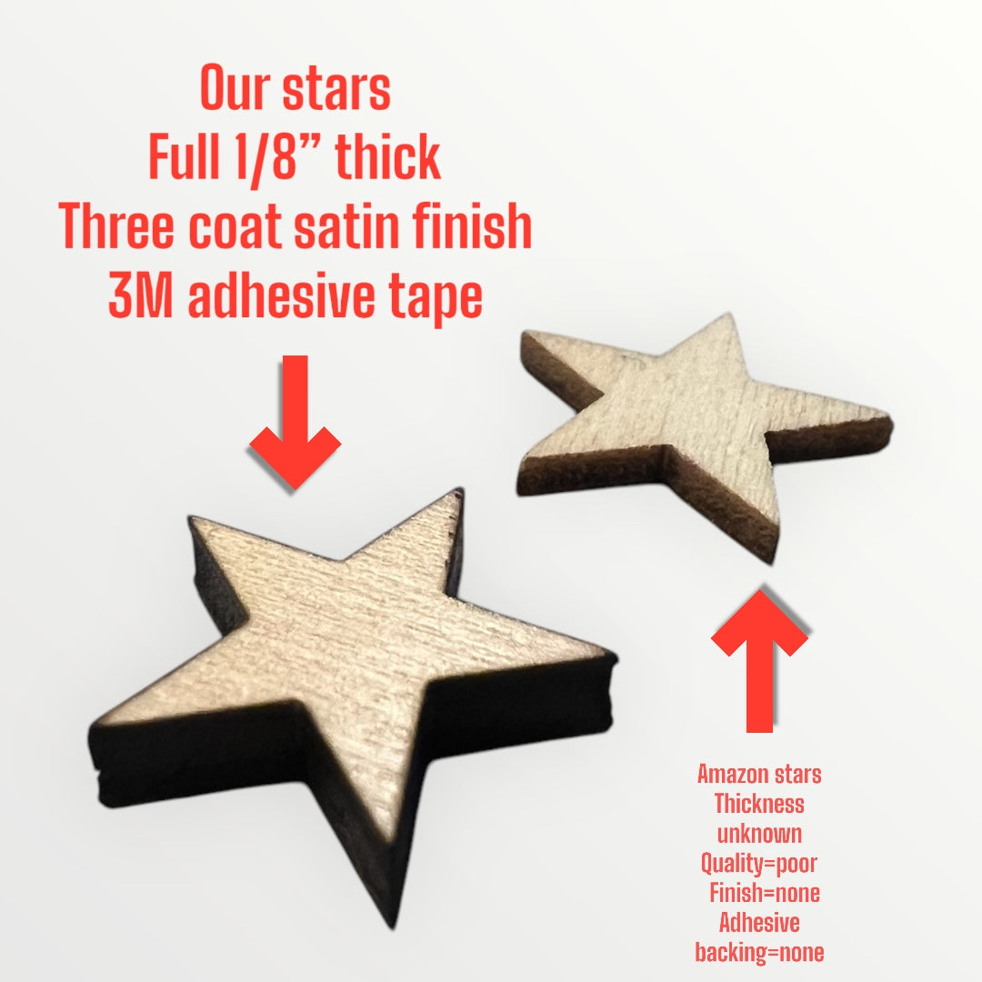 PREMIUM 0.75" Finished wood stars with peel and stick backing